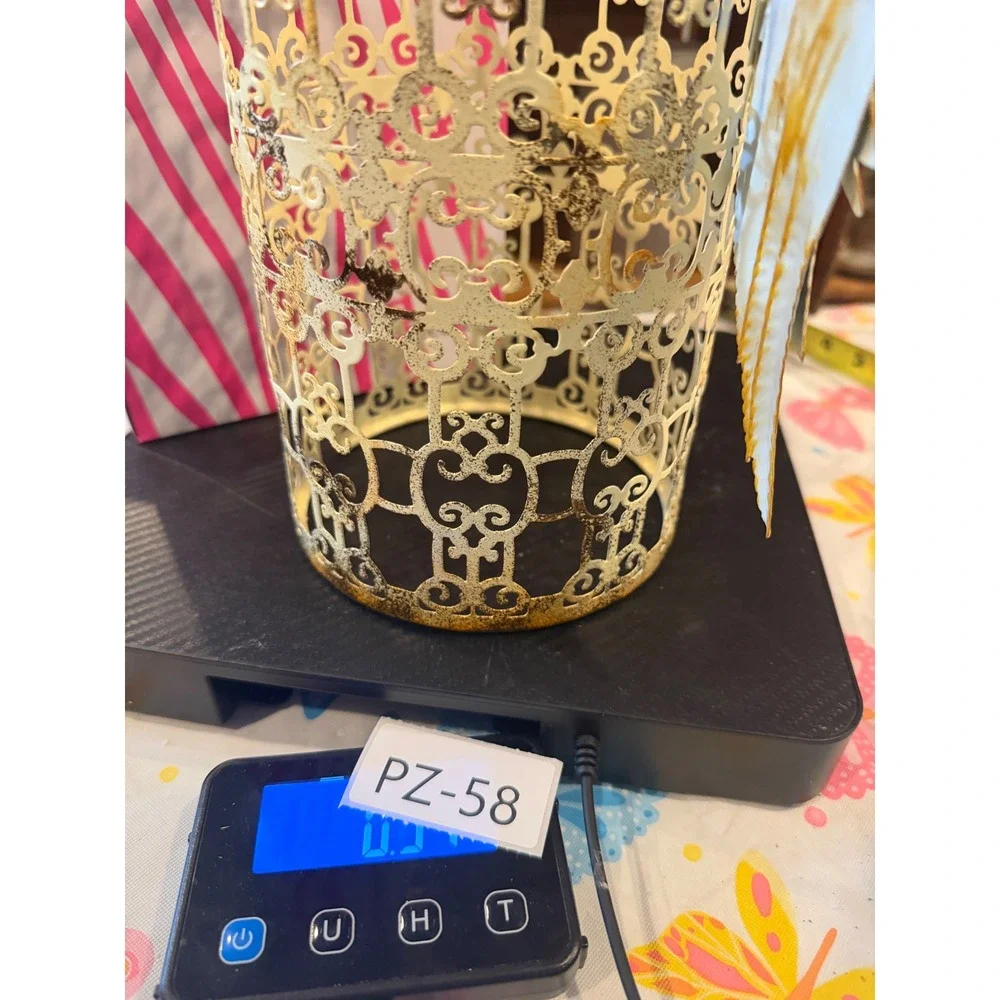 Pink Zebra Distressed Cream and Gold Angel Wing Filigree Metal Candle Sleeve